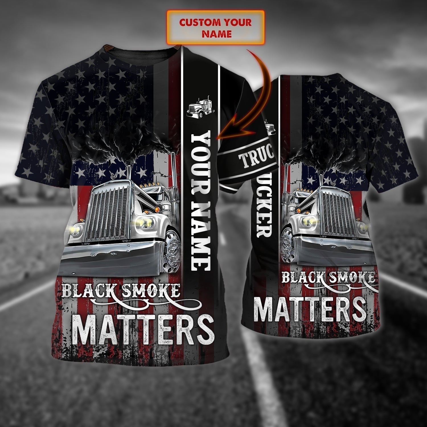 Custom Trucker T Shirt, Black Smock Matters American Flag Pattern Shirt For Truck Drivers