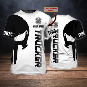 Custom Black And White Skull Trucker T Shirt ,Trucking Driver Love Shirts, Truck Driver Shirts
