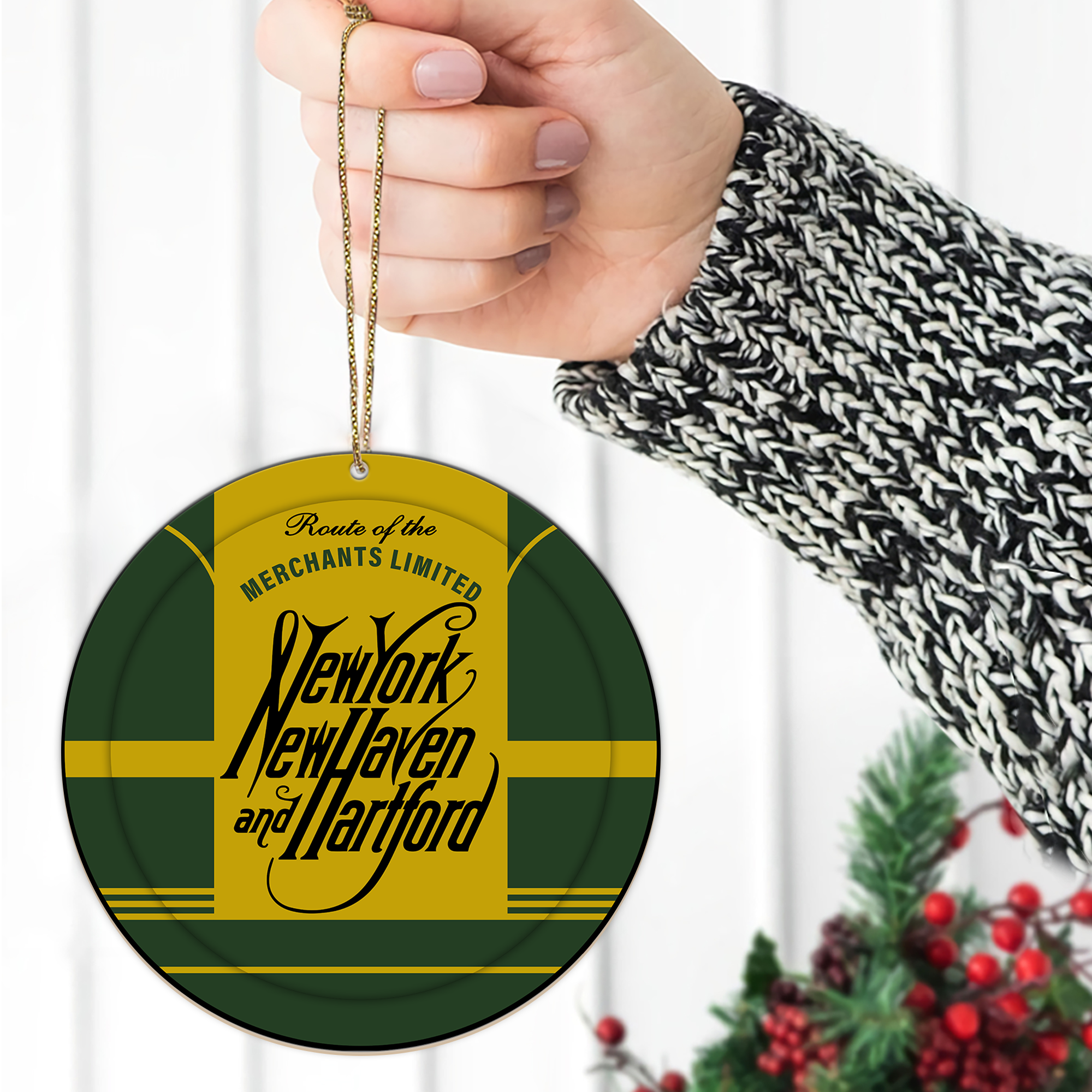 New York New Haven and Hartford Railroad Ornament, Vintage Train Logo Round Christmas Decoration, Railway Gift