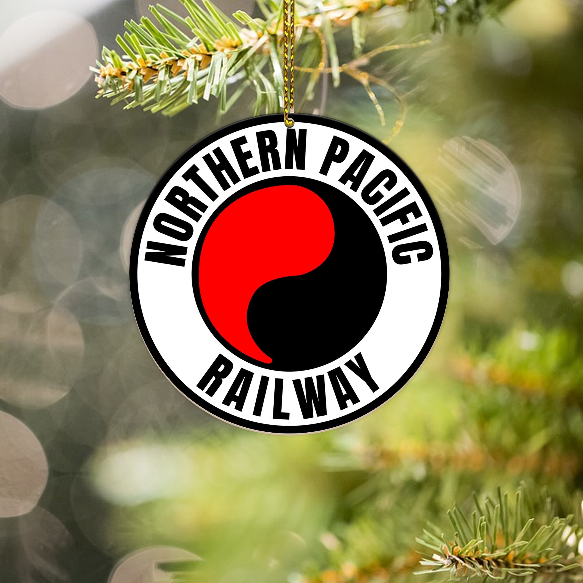 Northern Pacific Railway Ornament, Vintage Train Logo Round Christmas Decoration for Railway Enthusiasts and Fans