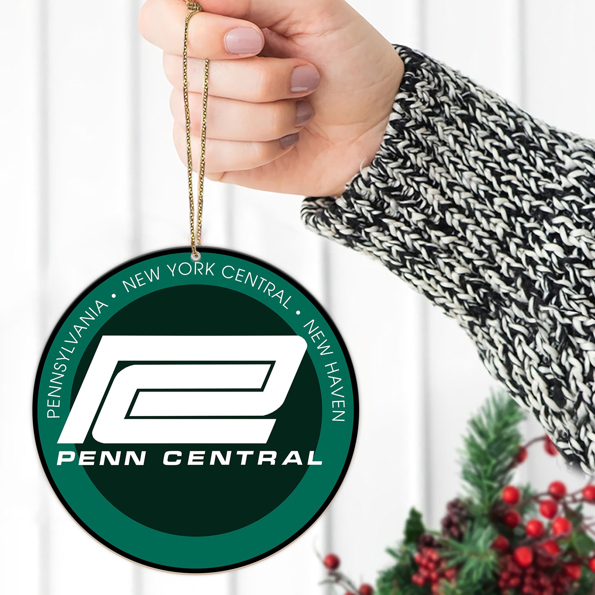 Penn Central Railroad Ornament, Vintage Train Logo Round Christmas Tree Decoration, Retro Railway Gift for Collectors