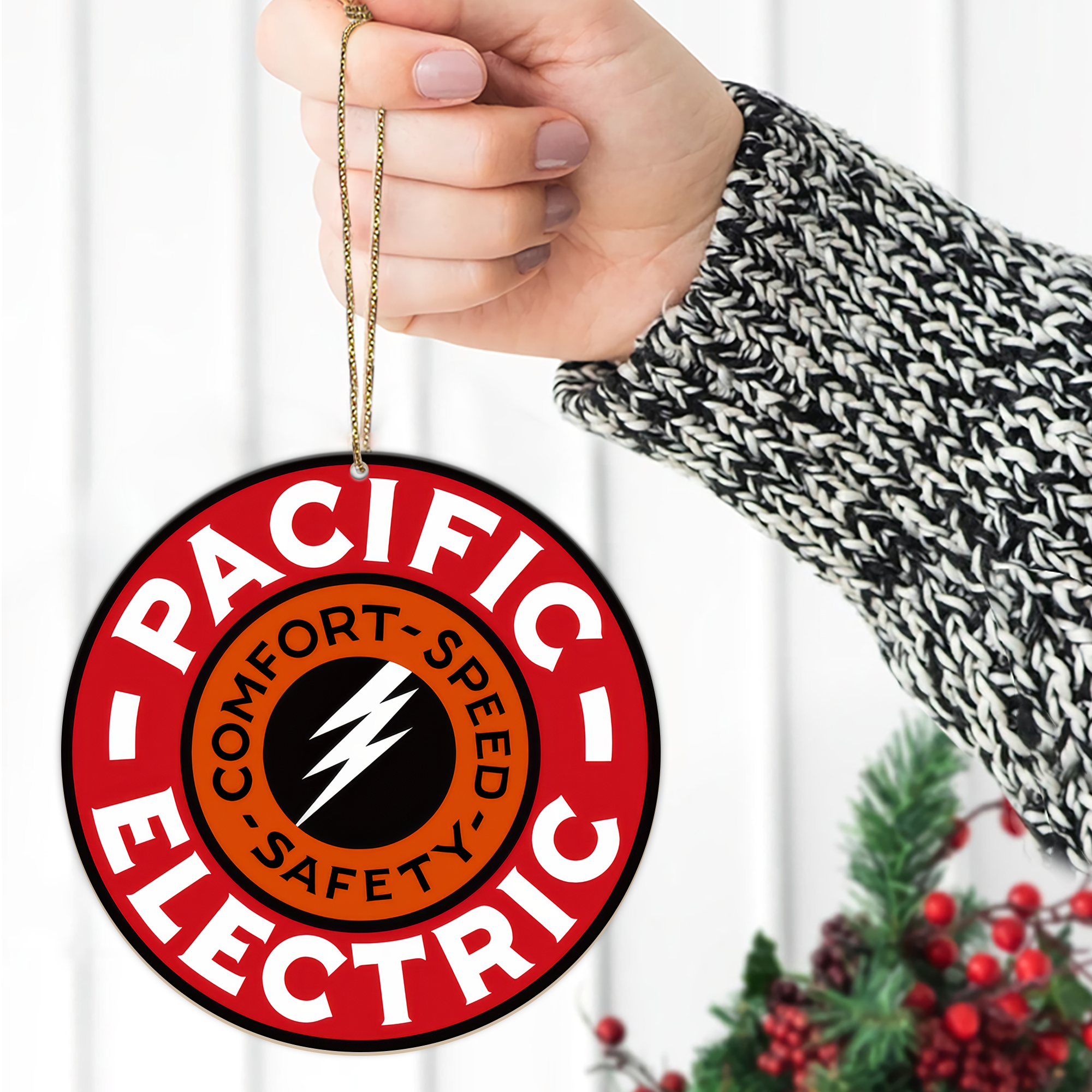 Pacific Electric Railroad Ornament, Vintage Train Logo Round Christmas Decoration, Retro Railway Gift for Collectors