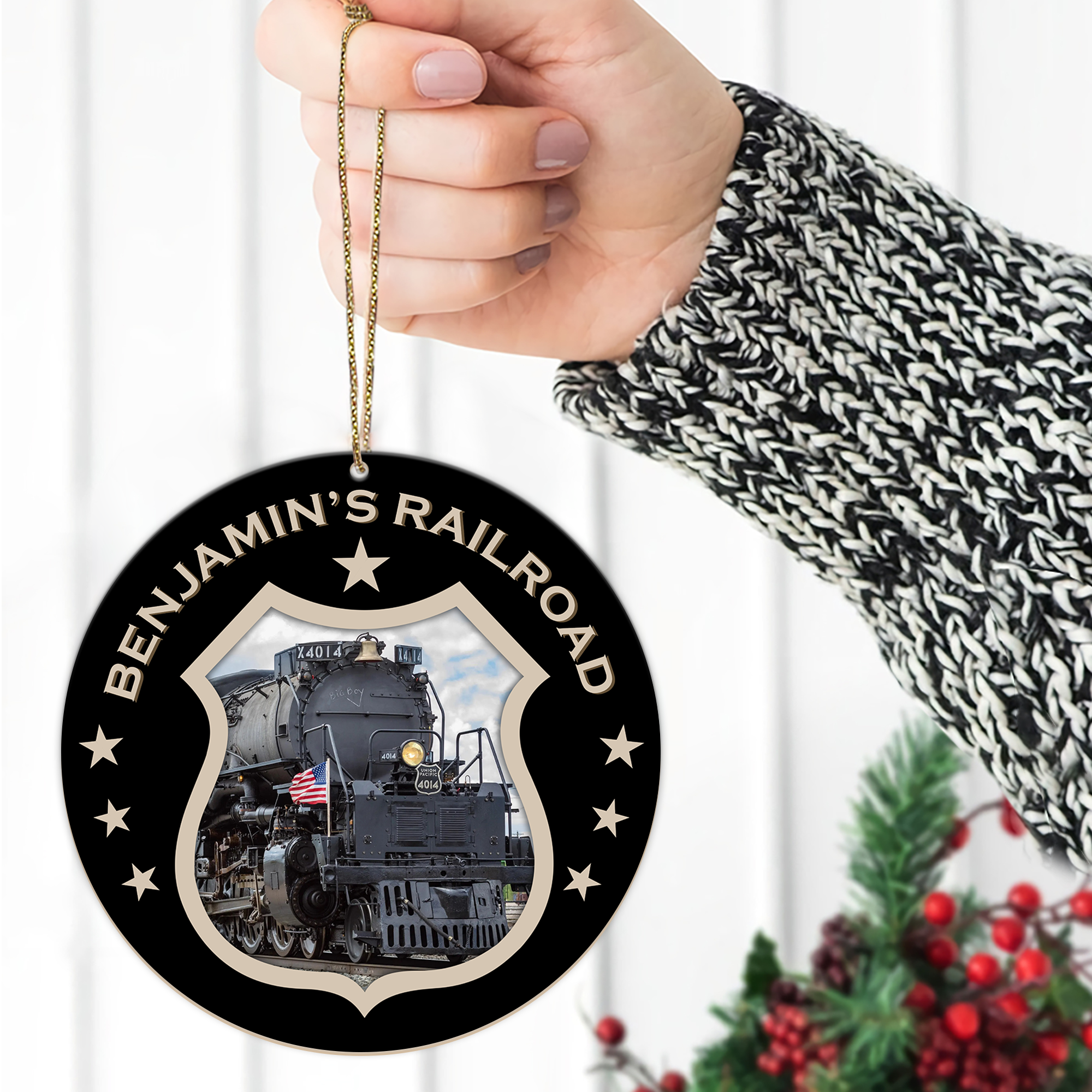 Personalized Train Ornament, Custom Railroad Logo Christmas Decoration Gift for Railway Lovers and Families