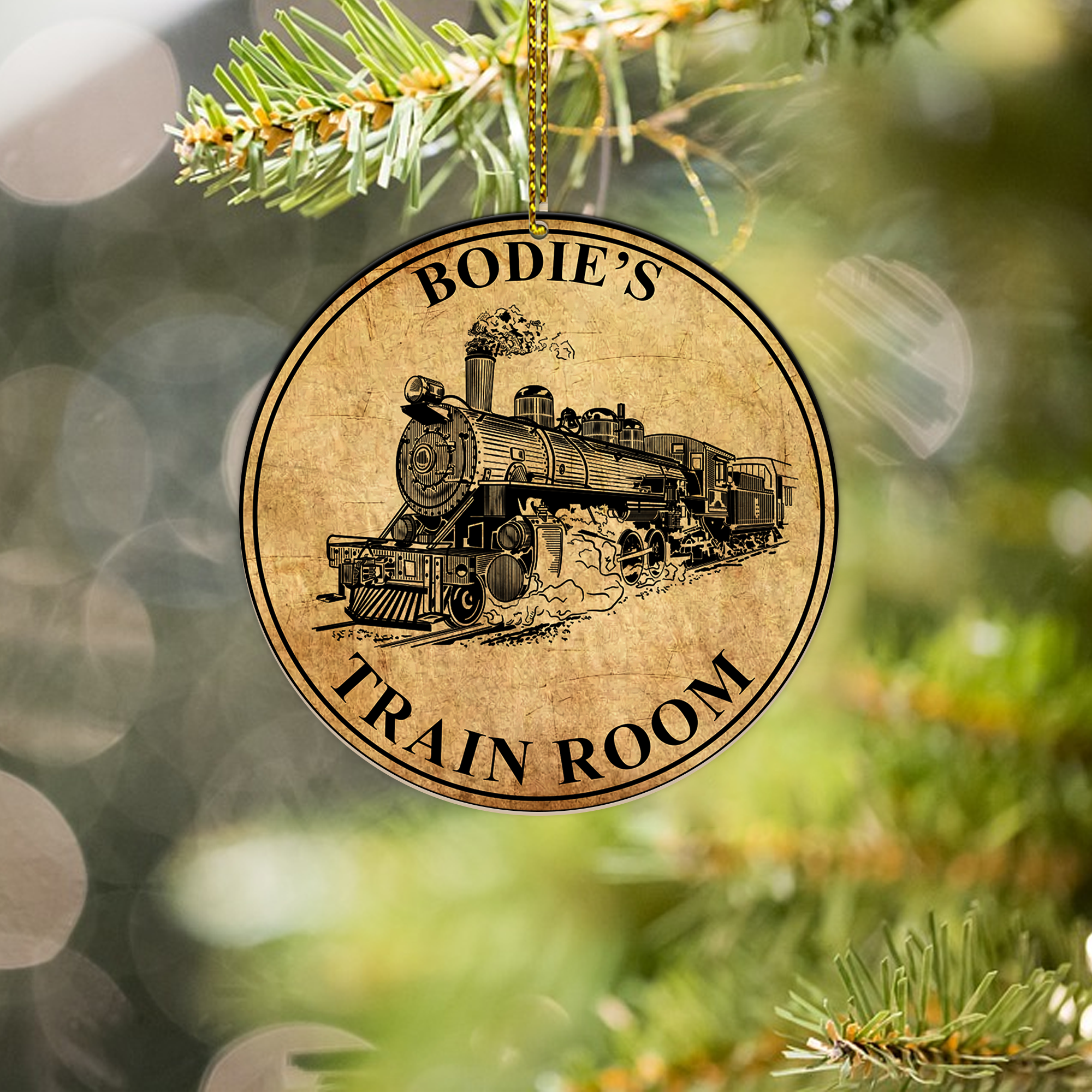 Steam Locomotive Train Room Ornament, Personalized Vintage Railroad Round Christmas Decoration for Family Gift