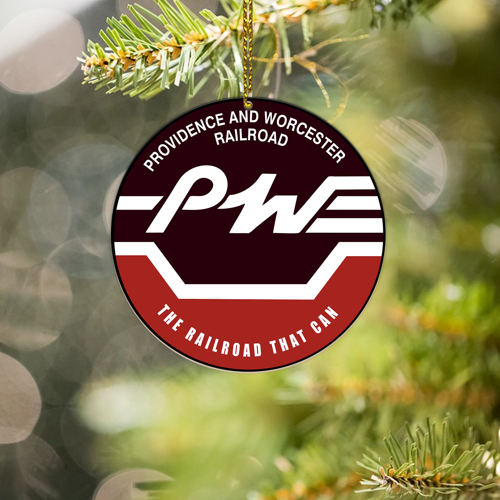 Providence and Worcester Railroad Ornament, Vintage Train Logo Round Christmas Tree Decoration for Railway Fans