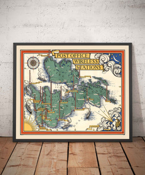 Old Pictorial Map of the Post Office Wireless Stations by Macdonald Gill in 1939 - British Isles, GPO, Radio, Television, Telegram