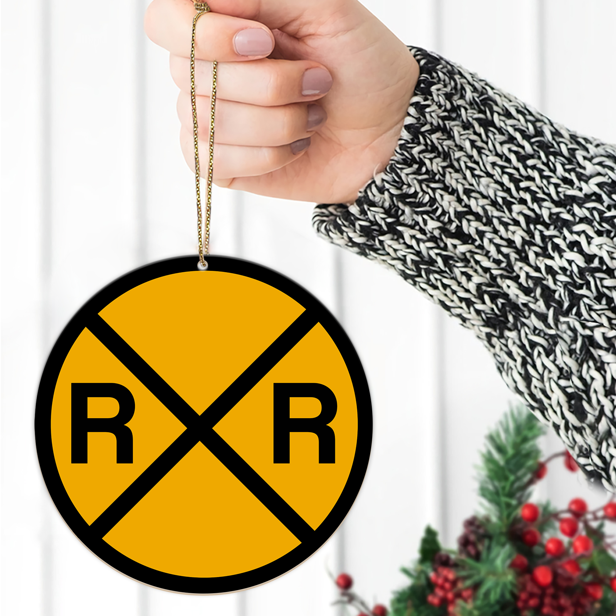 Vintage Railroad Sign Ornament, Retro Train Logo Round Christmas Decoration for Railway Lovers and Collectors