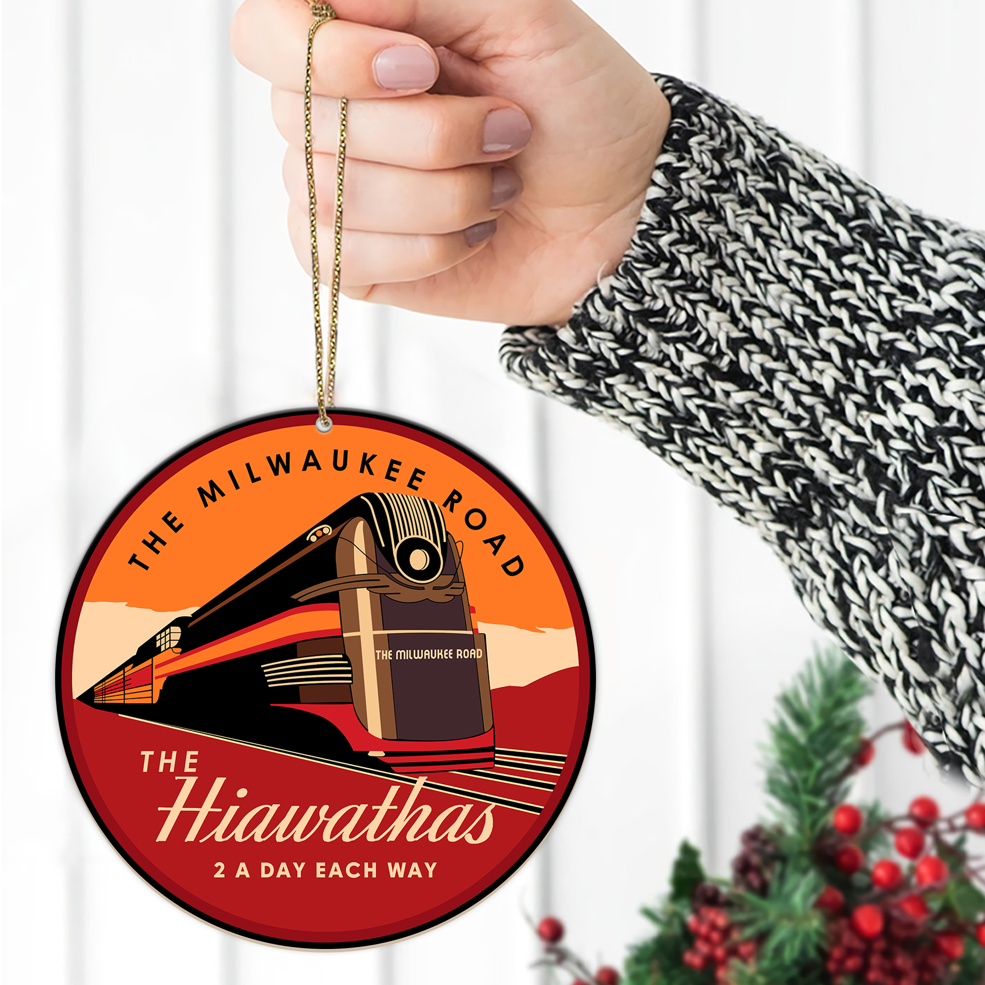 Milwaukee Road Hiawathas Ornament, Vintage Railroad Logo Round Decoration, Retro Christmas Gift for Train Fans