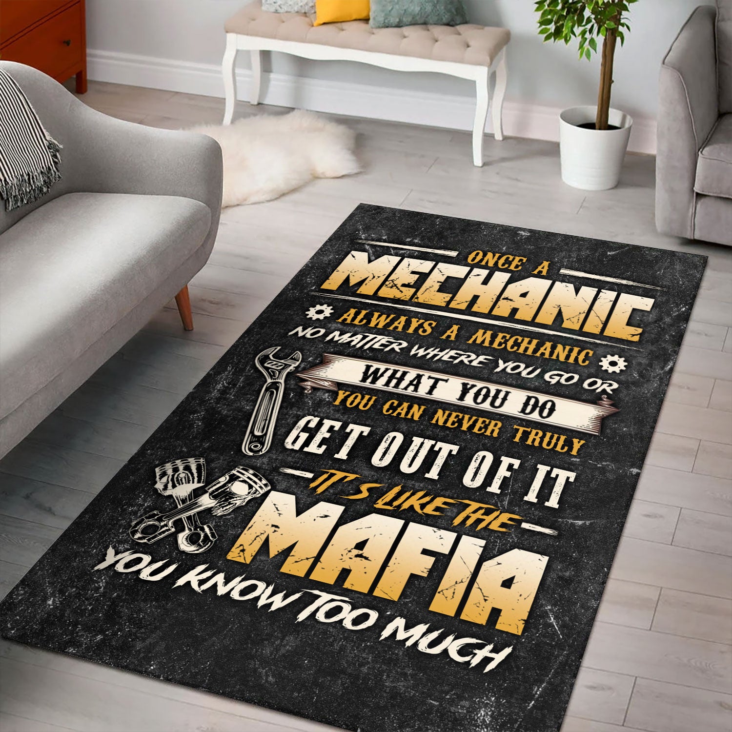 Once a Mechanic Always a Mechanic Rug, Funny Mechanic Home Decor, Car Repair Mafia Tee for Mechanics, Gift for Auto Technicians