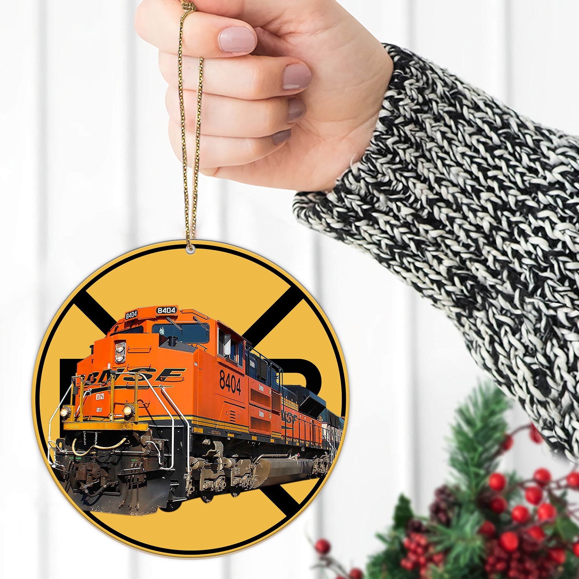 BNSF Railroad Ornament, Retro Train Logo Round Christmas Tree Decoration, Vintage Railway Gift