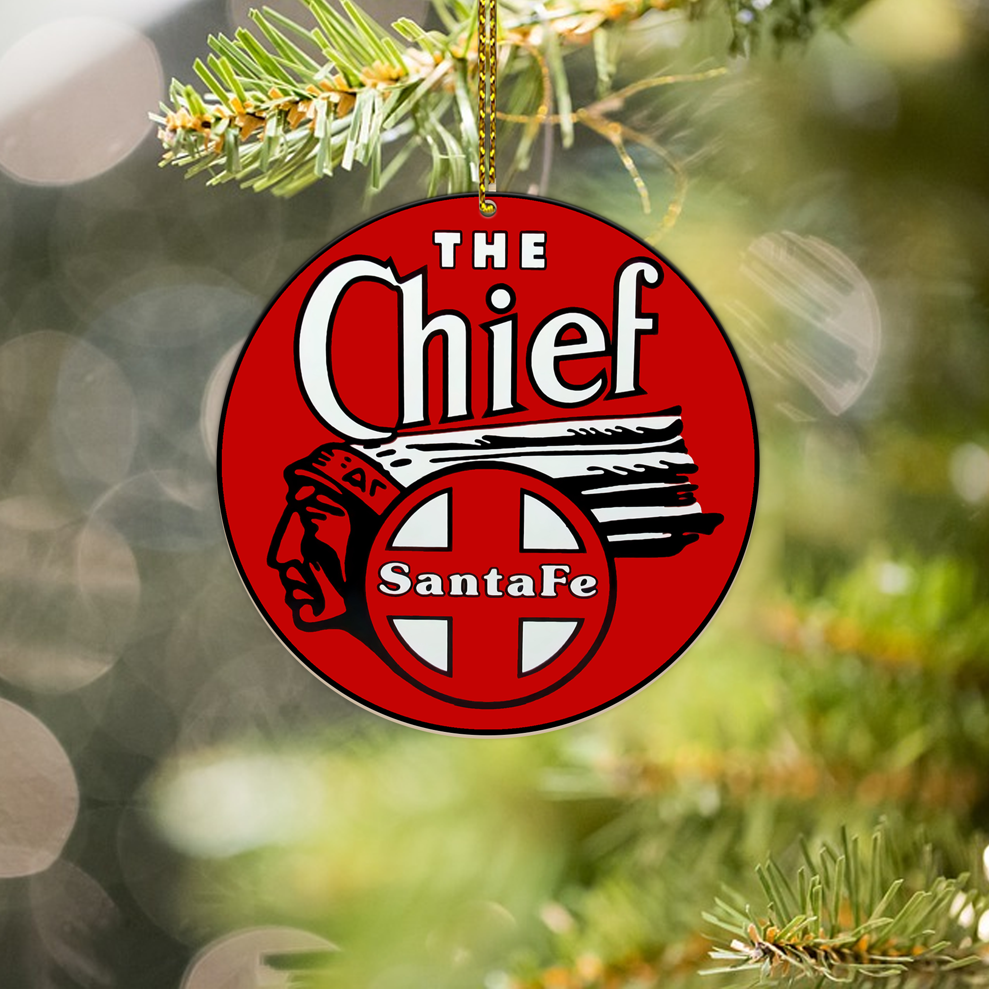 Santa Fe The Chief Railroad Ornament, Retro Train Logo Round Christmas Decoration, Vintage Railway Gift Idea