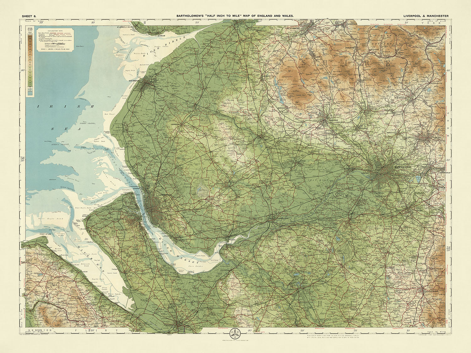 Old OS Map of Liverpool & Manchester by Bartholomew, 1901: Mersey, Pennine Hills, Peak District, Chester, Railways