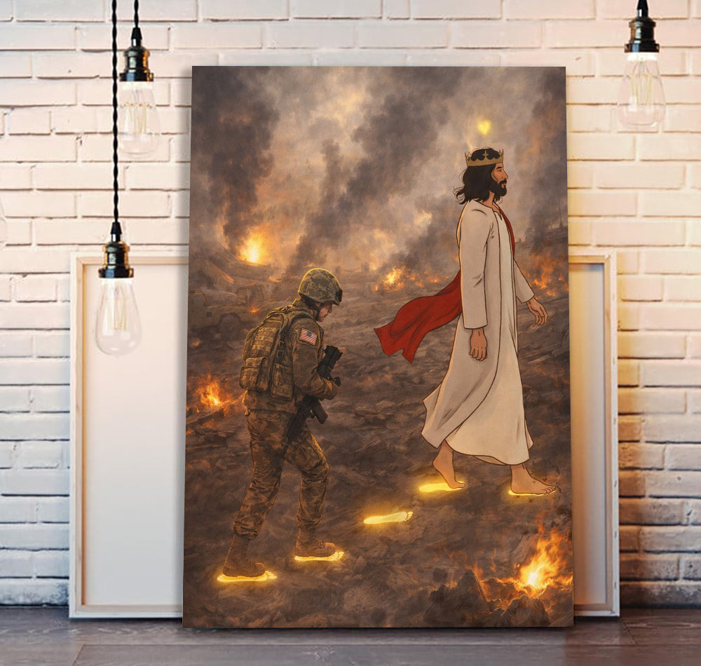 Follow in Jesus’ Steps Soldier Canvas Wall Art, Christian Military Canvas for Veterans, Faith Home Decor Gift