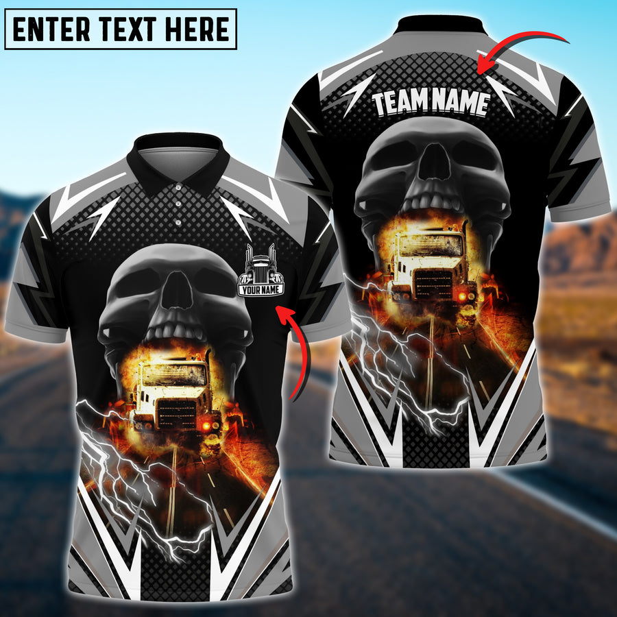 Personalized Name Truck Skull Thunder Lights 3D Polo Shirt For Truck Driver 4 Colors, Gift For Men