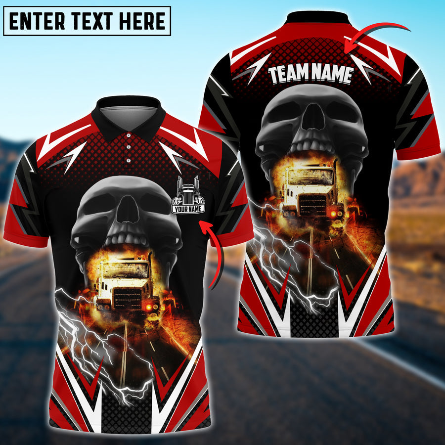 Personalized Name Truck Skull Thunder Lights 3D Polo Shirt For Truck Driver 4 Colors, Gift For Men