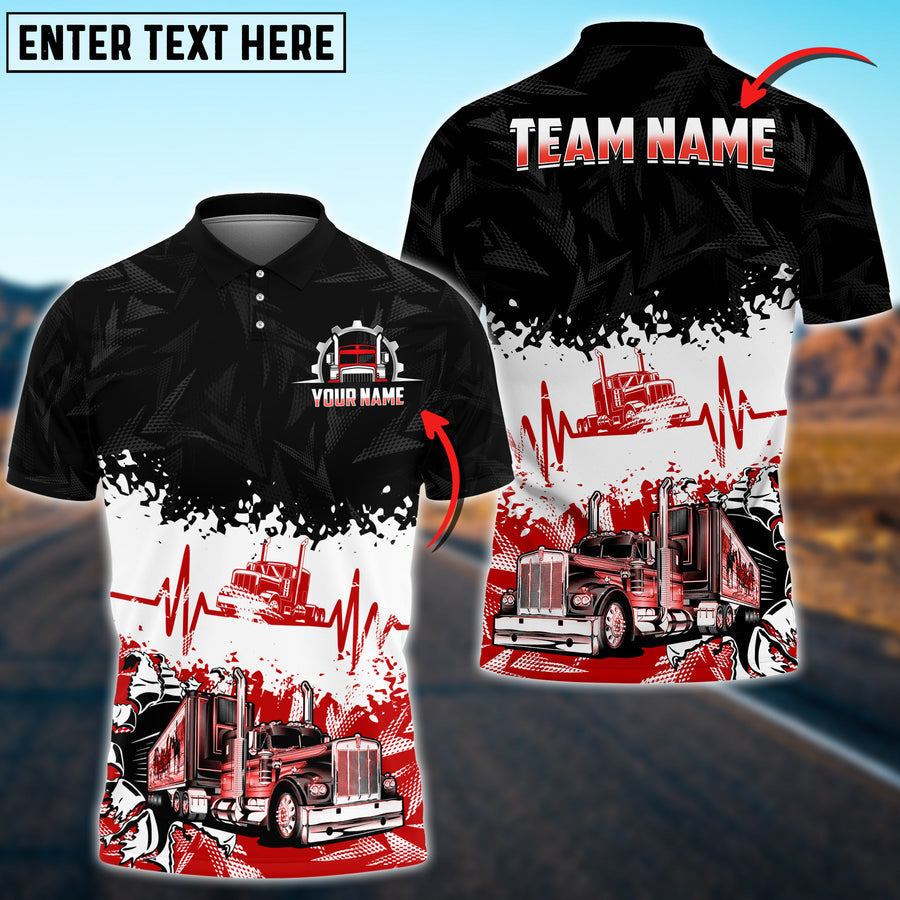 Personalized Name Truck Heartbeat Pattern 3D Polo Shirt, For Truck Driver Multicolor, Gift For Men & Women