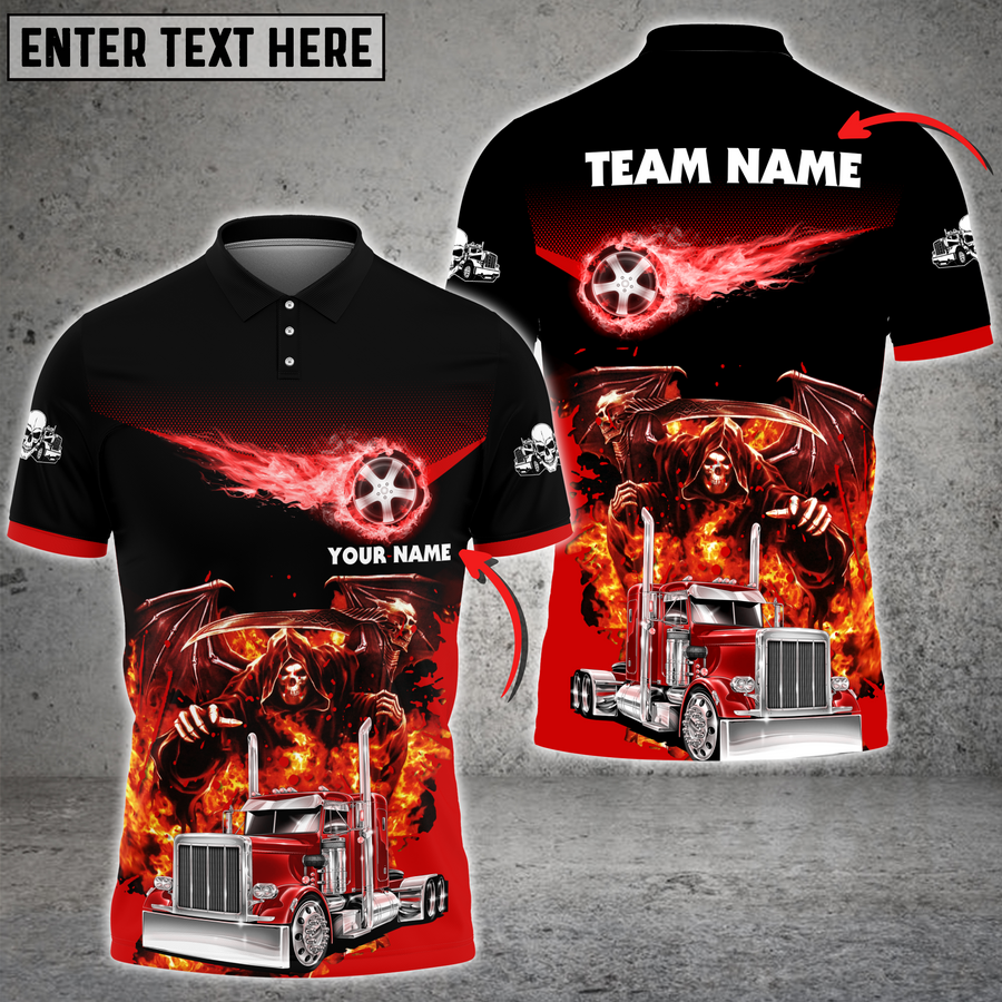 Personalized Name Truck Chasing Flame Skeleton Multicolor Polo Shirt, Gift For Truck Driver, Best Shirt For Trucker