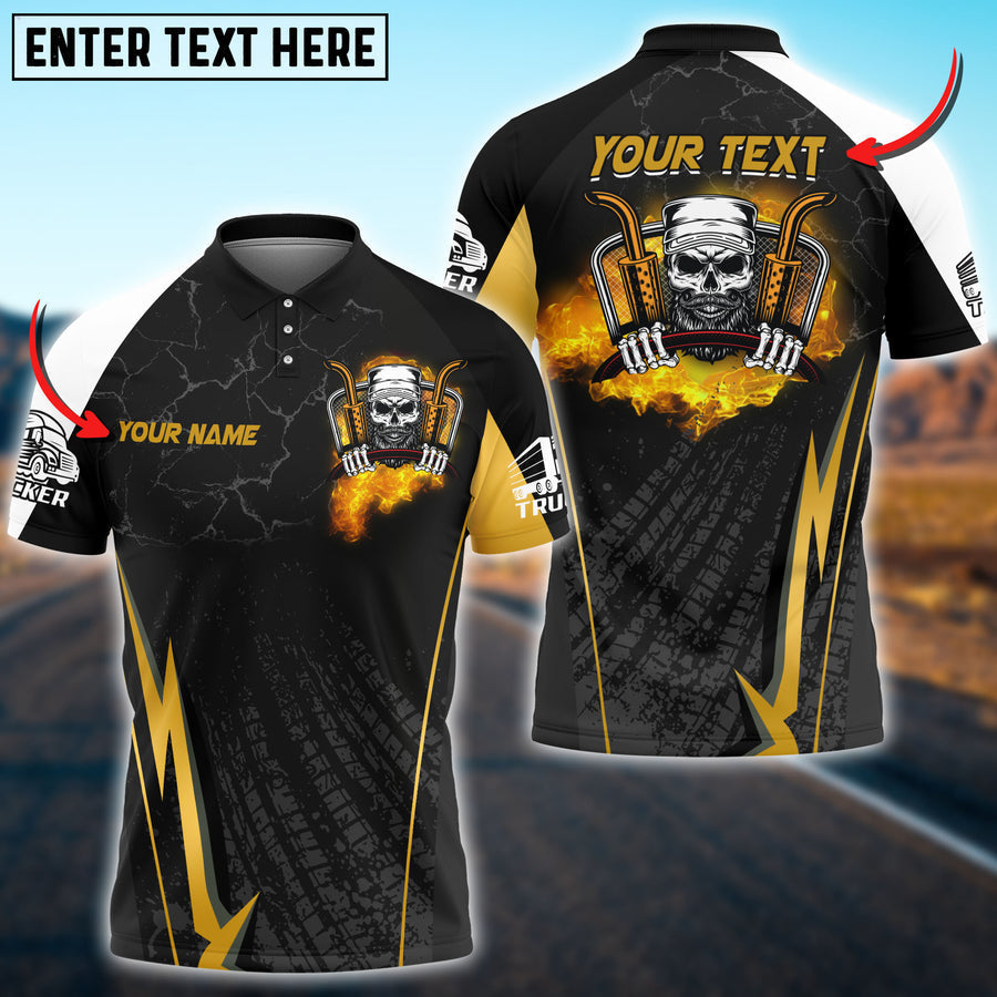 Personalized Name Truck Breath of Fire Skull Shirt, Gift For Truck Driver, Trucking Gift 3D Polo Shirt