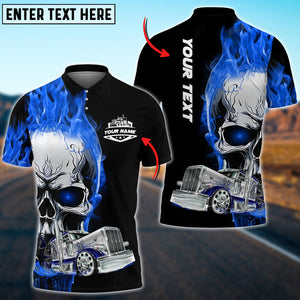 Personalized Name Lasfour Truck Flaming Skull Shirt, 3D Polo Shirt For Truck Driver, Gift For Him