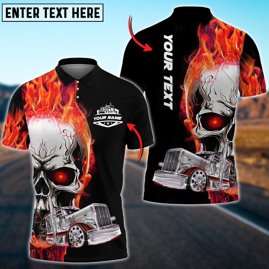 Personalized Name Lasfour Truck Flaming Skull Shirt, 3D Polo Shirt For Truck Driver, Gift For Him