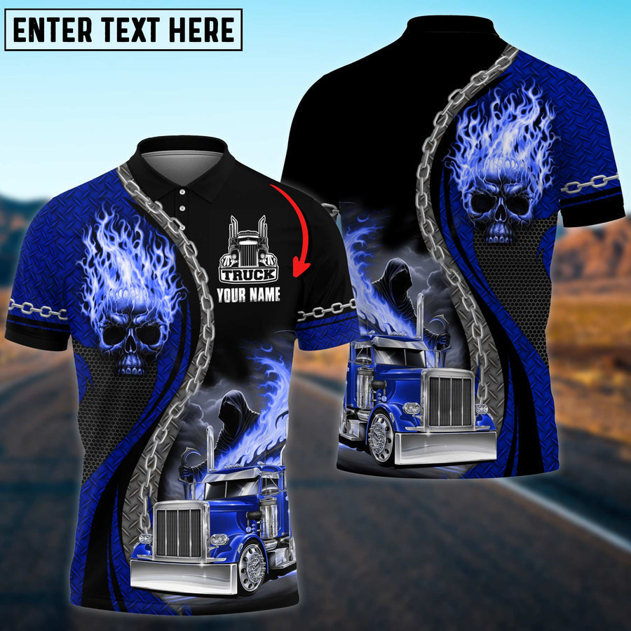 Personalized Name Truck Flaming Skull Multicolor Shirt, 3D Polo Shirt For Truck Driver, Gift For Him