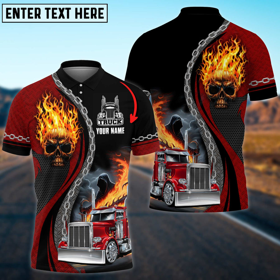 Personalized Name Truck Flaming Skull Multicolor Shirt, 3D Polo Shirt For Truck Driver, Gift For Him