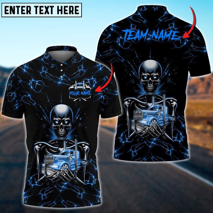 Personalized Name Truck Lighting Skeleton Multicolor Option 3D Polo Shirt, Gift For Truck Driver