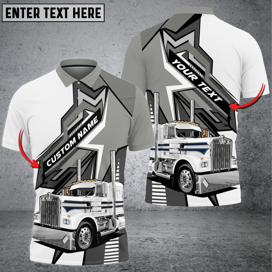 Personalized Name Truck White and Grey 3D Polo Shirt, Gift For Truck Driver 4 Colors, Truck Shirt For Men