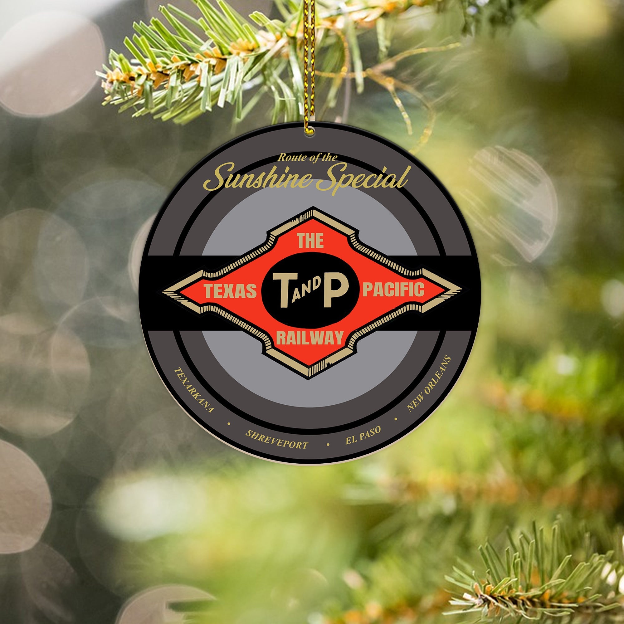 Texas and Pacific Railway Ornament, Vintage Train Logo Round Christmas Decoration, Retro Railroad Gift for Collectors