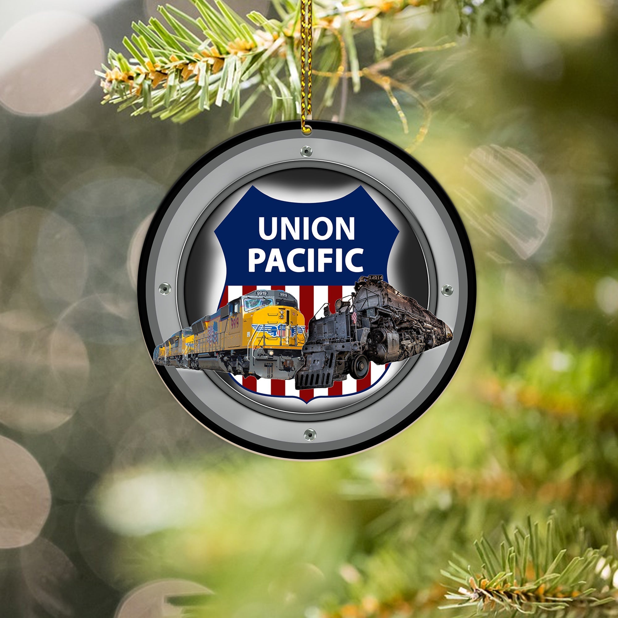 Union Pacific Railroad Ornament, Vintage Train Logo Round Christmas Decoration, Retro Railway Gift For Fans