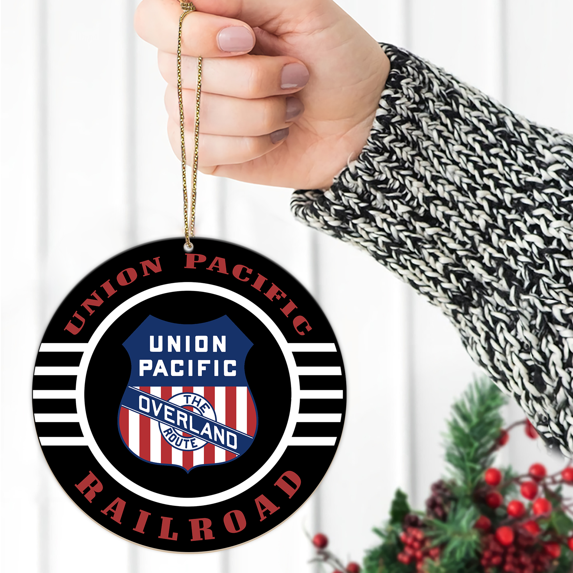 Union Pacific Overland 1912 Railroad Ornament, Vintage Train Logo Round Christmas Decoration for Railway Enthusiasts
