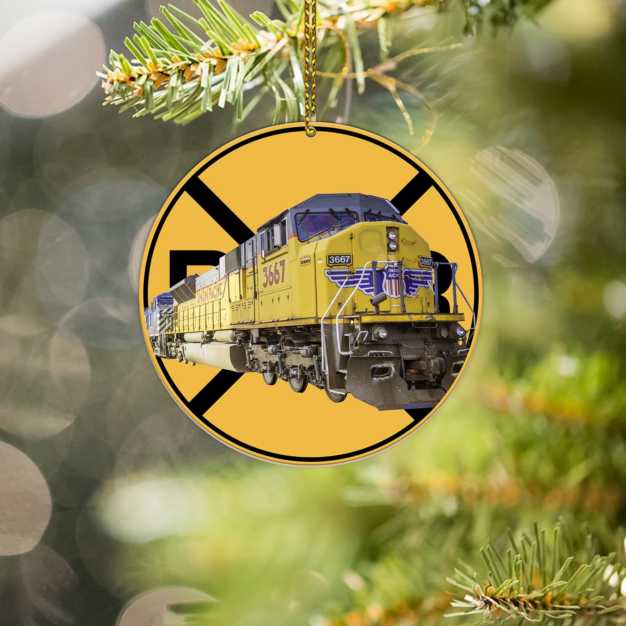 Union Pacific Railroad Ornament, Retro UP Train Logo Round Christmas Tree Decoration, Vintage Railway Gift