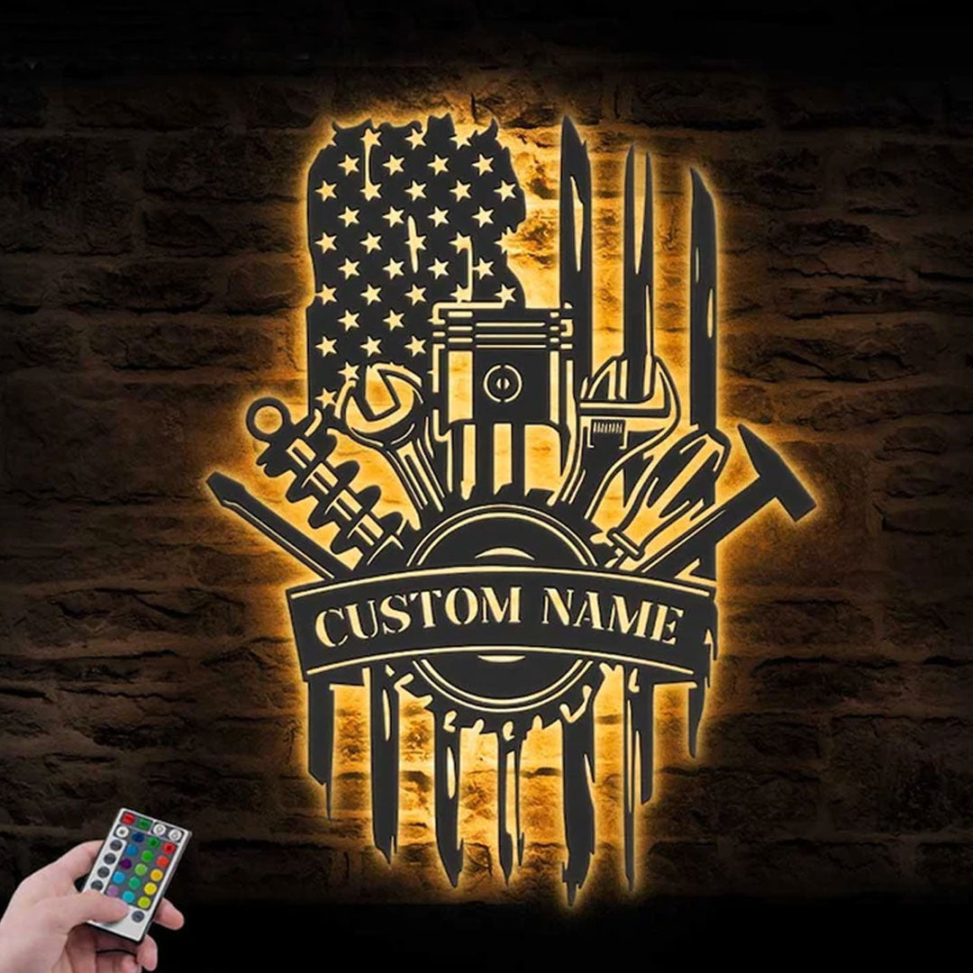 Custom Tools Repair Metal Wall Art LED Light Personalized Tools Shop Name Sign Home Decor Mechanic Tools Decoration Repairman