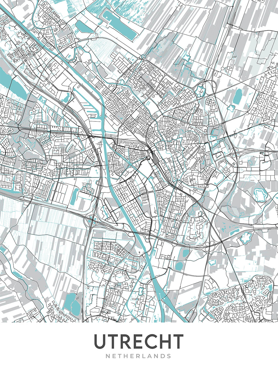 Modern City Map of Utrecht, Netherlands: Dom Tower, Centraal Station, Rietveld House, Botanical Gardens, Jaarbeurs