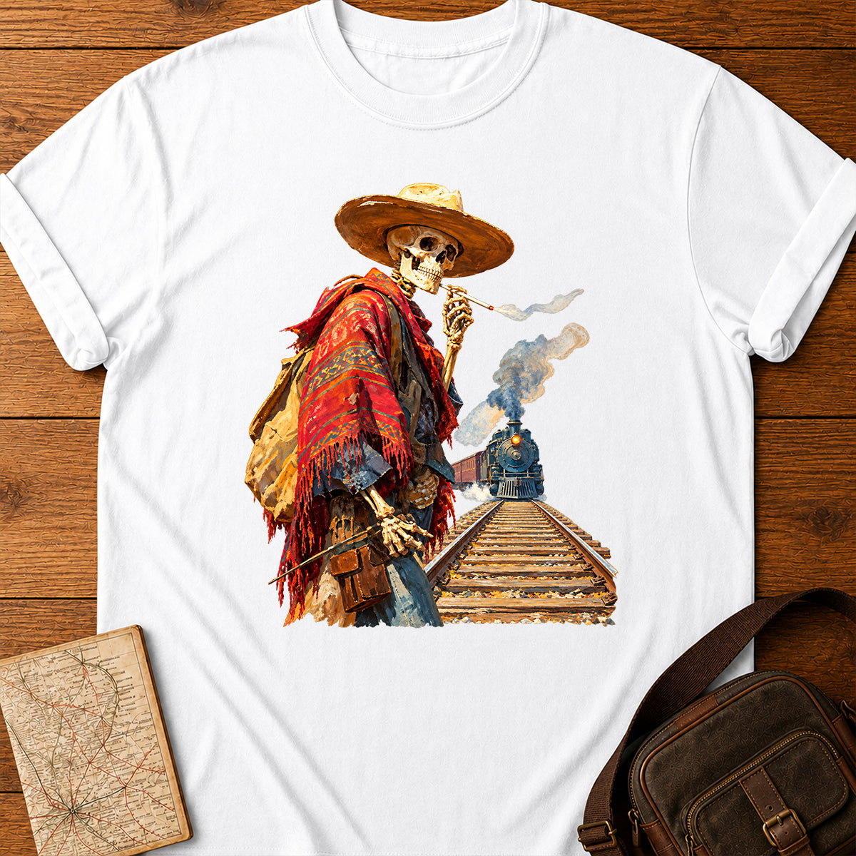 Smoking Skeleton Cowboy Standing By Train Tracks T-shirt