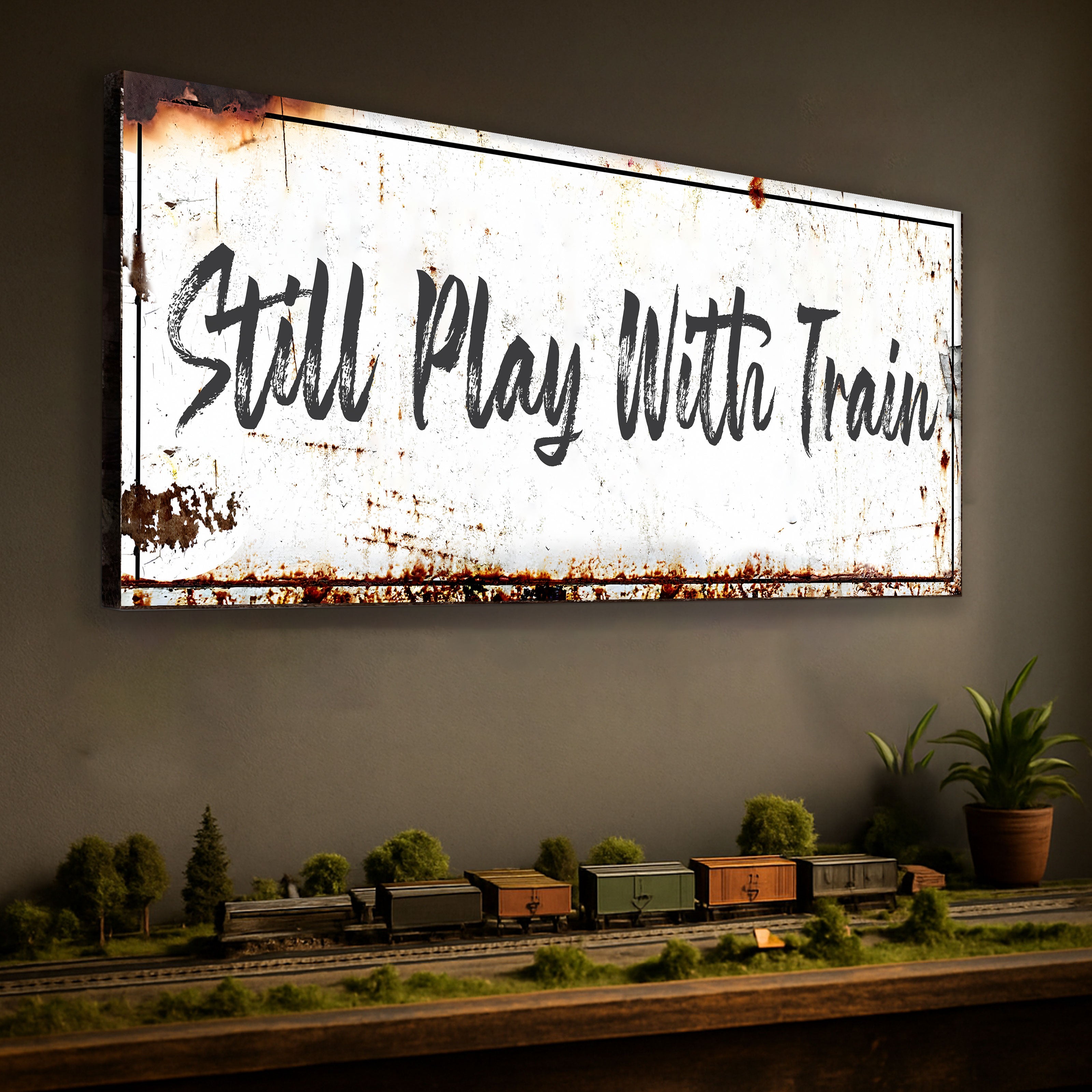 Railspirit Vintage Still Play With Train Long Tail Canvas Gift For Him Railroad Model Room Home Decor