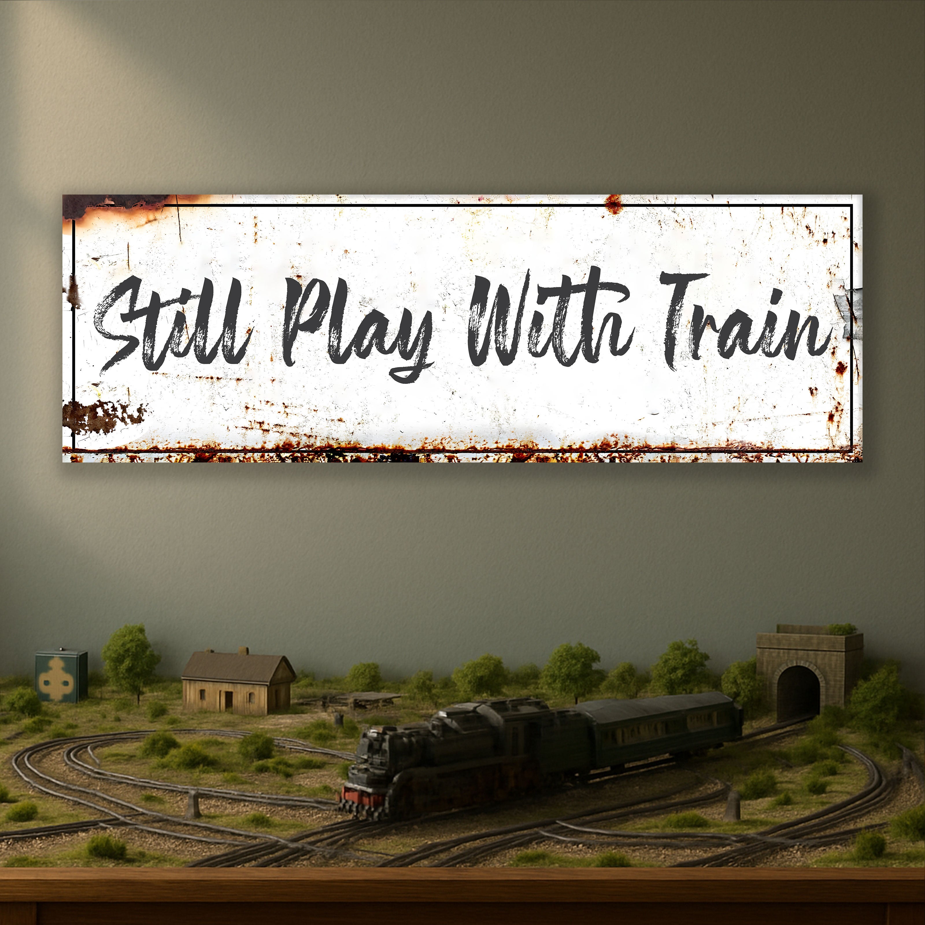 Railspirit Vintage Still Play With Train Long Tail Canvas Gift For Him Railroad Model Room Home Decor