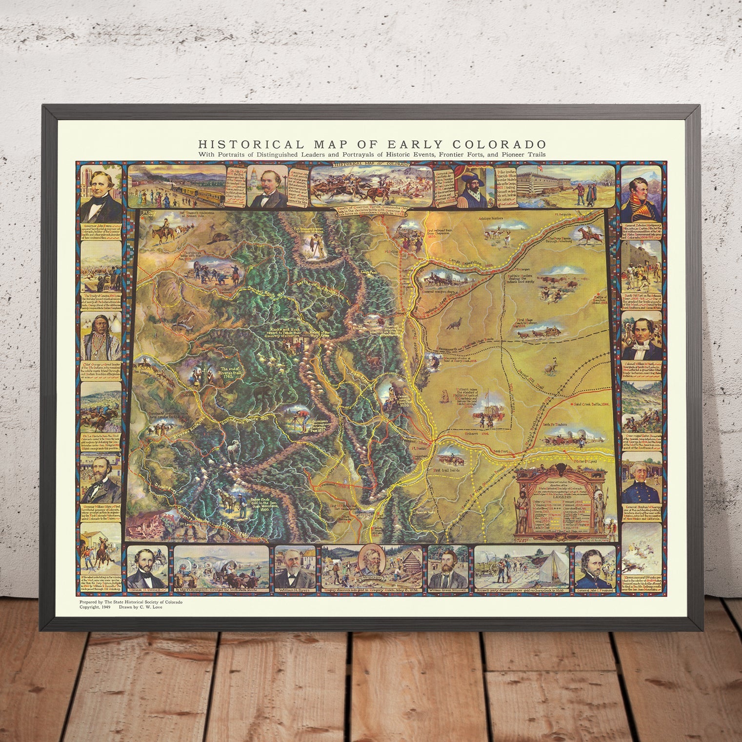Old Map of Early Colorado History, 1949: De Anza's Trails, Discovery of Gold, Frontier Forts, Pioneers, Portraits of Famous Coloradans