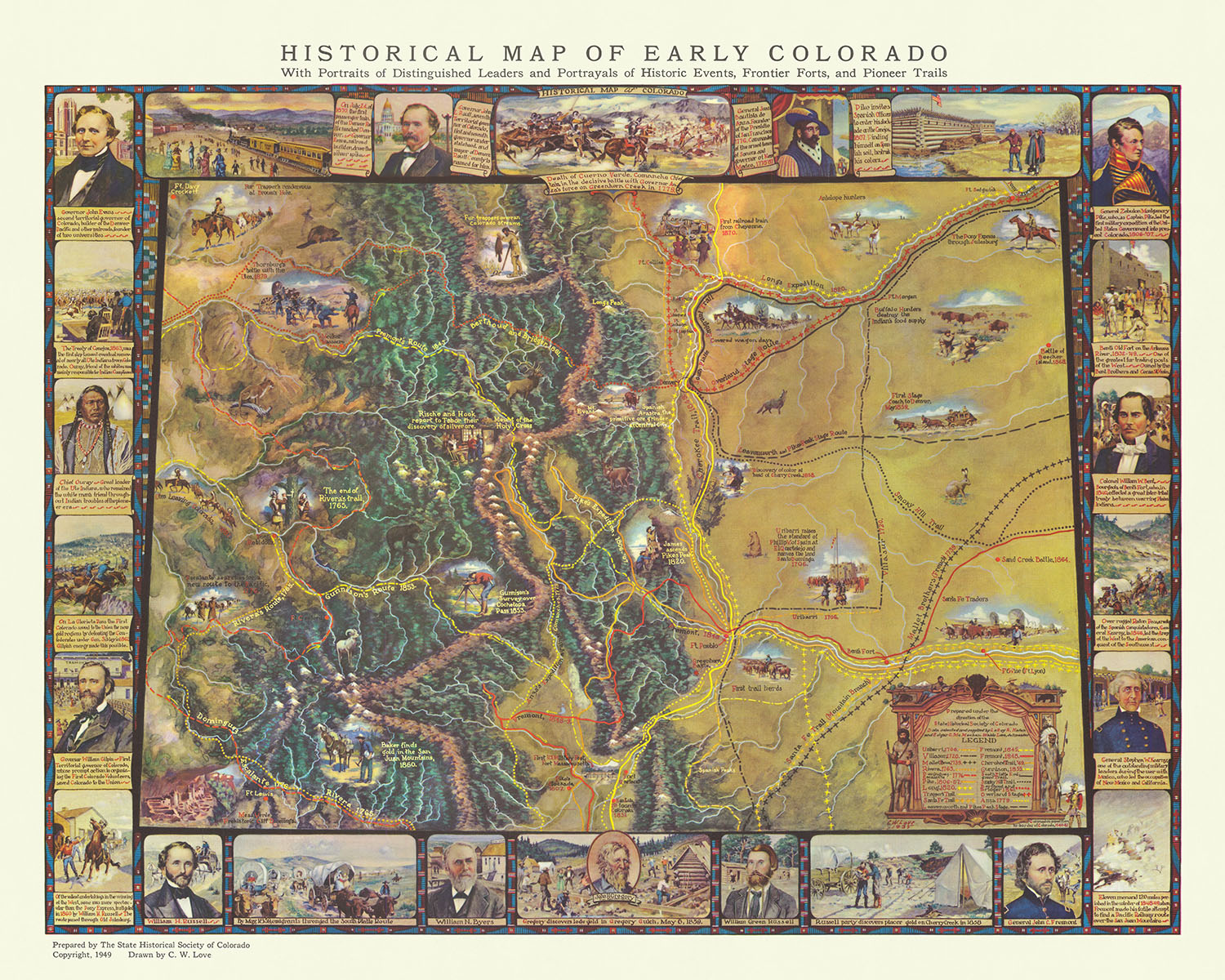 Old Map of Early Colorado History, 1949: De Anza's Trails, Discovery of Gold, Frontier Forts, Pioneers, Portraits of Famous Coloradans