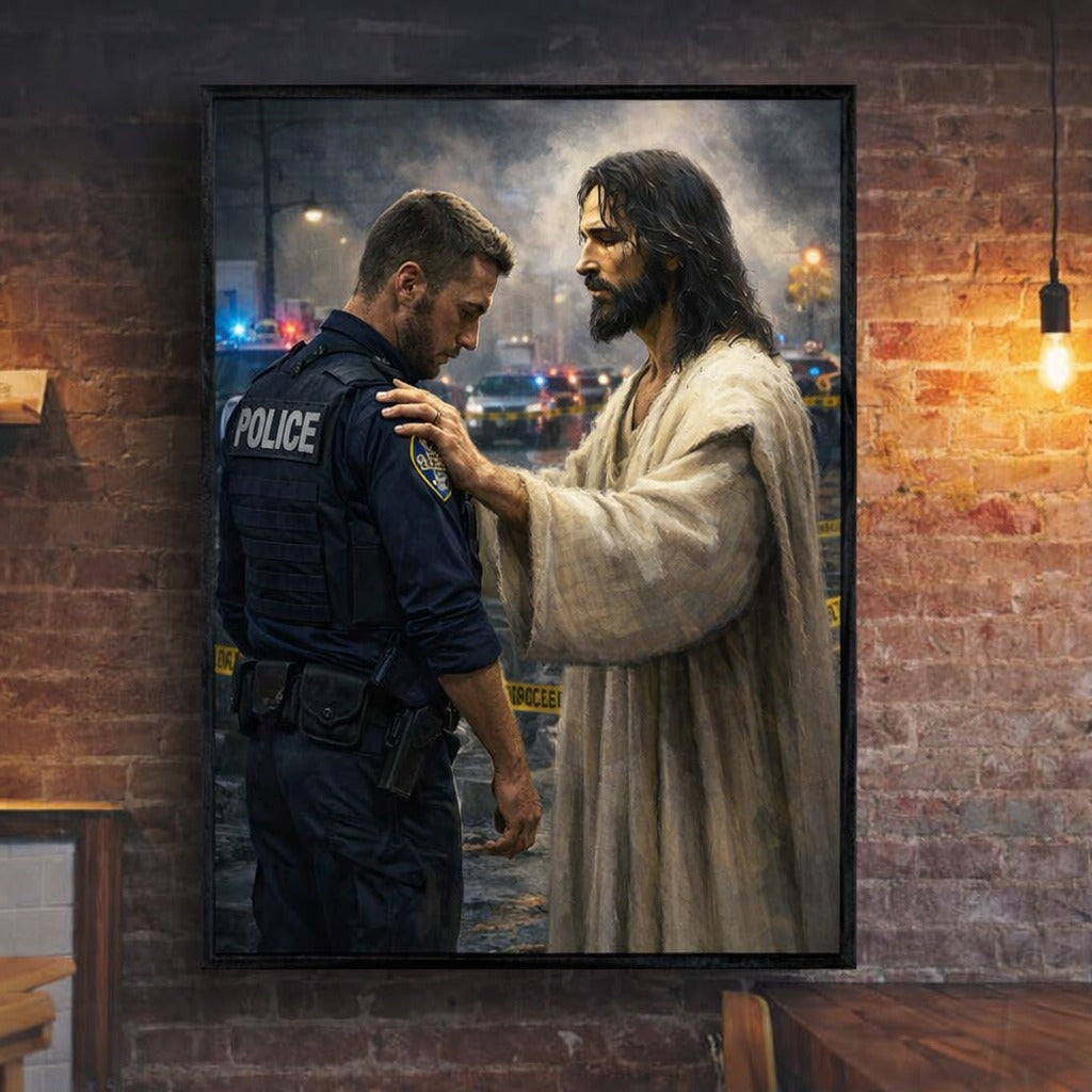 Jesus With Police Officers Canvas Wall Art, Christian Canvas Faith Home Decor Gift Ideas