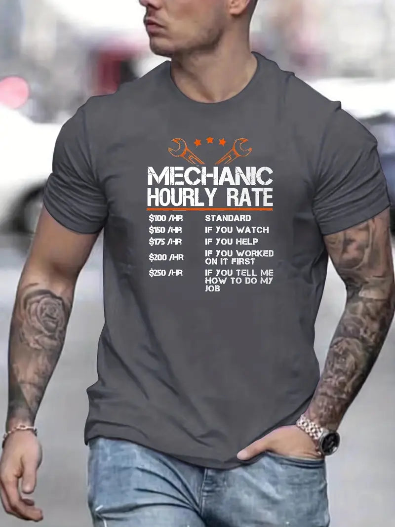 Funny Mechanic Hourly Rate Print T-Shirt, Gift for Mechanic Fathers, Tops As Gifts, T-shirt For Summer