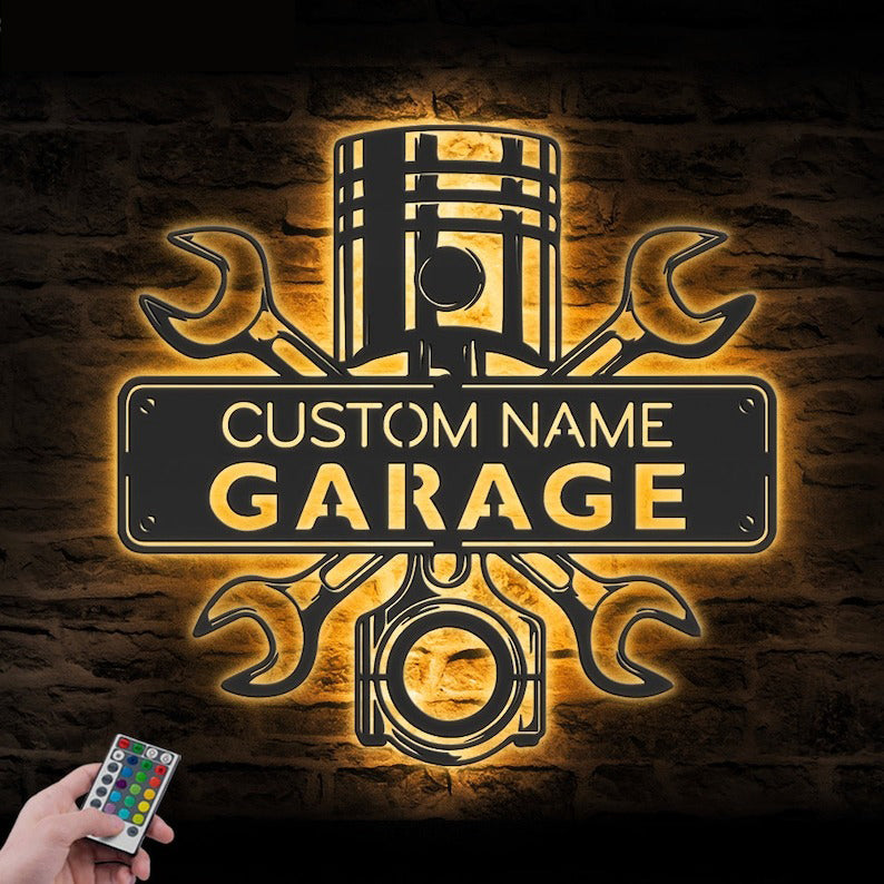 Custom Garage Mechanic Metal Sign Wall Art LED Light Personalized Workshop Name Sign Home Decor Car Mechanic Repair Decoration Repairman Birthday Xmas