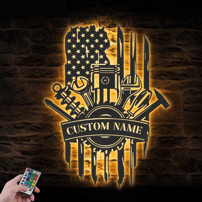 Custom Tools Repair Metal Wall Art LED Light Personalized Tools Shop Name Sign Home Decor Mechanic Tools Decoration Repairman Birthday Xmas