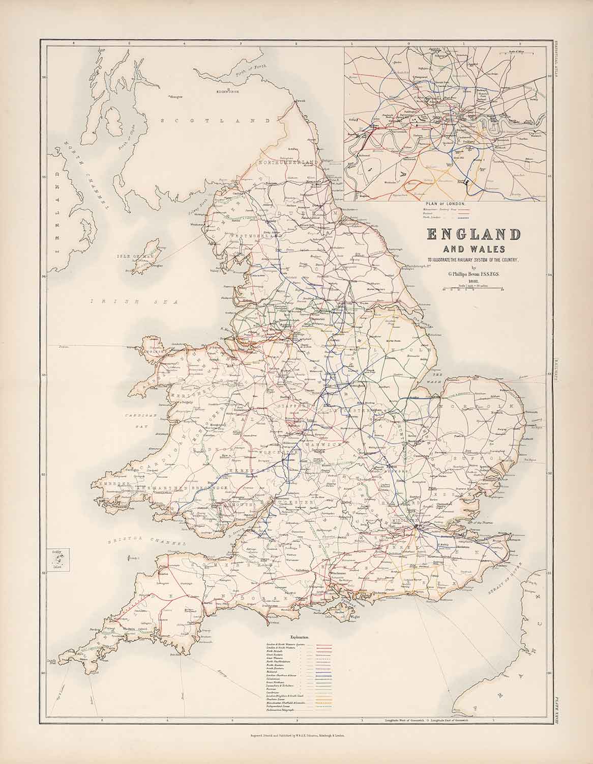 Old Railway Map of England & Wales in 1881 by AK Johnston - Great Western, Eastern, Northern, Midland, London & North Western
