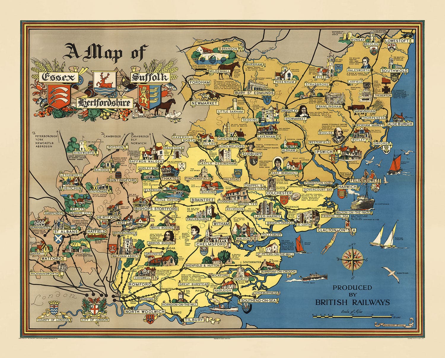 Old Map of Essex, Suffolk, Hertfordshire, 1948 - British Railway Pictorial Chart - Colchester, Southend, St Albans