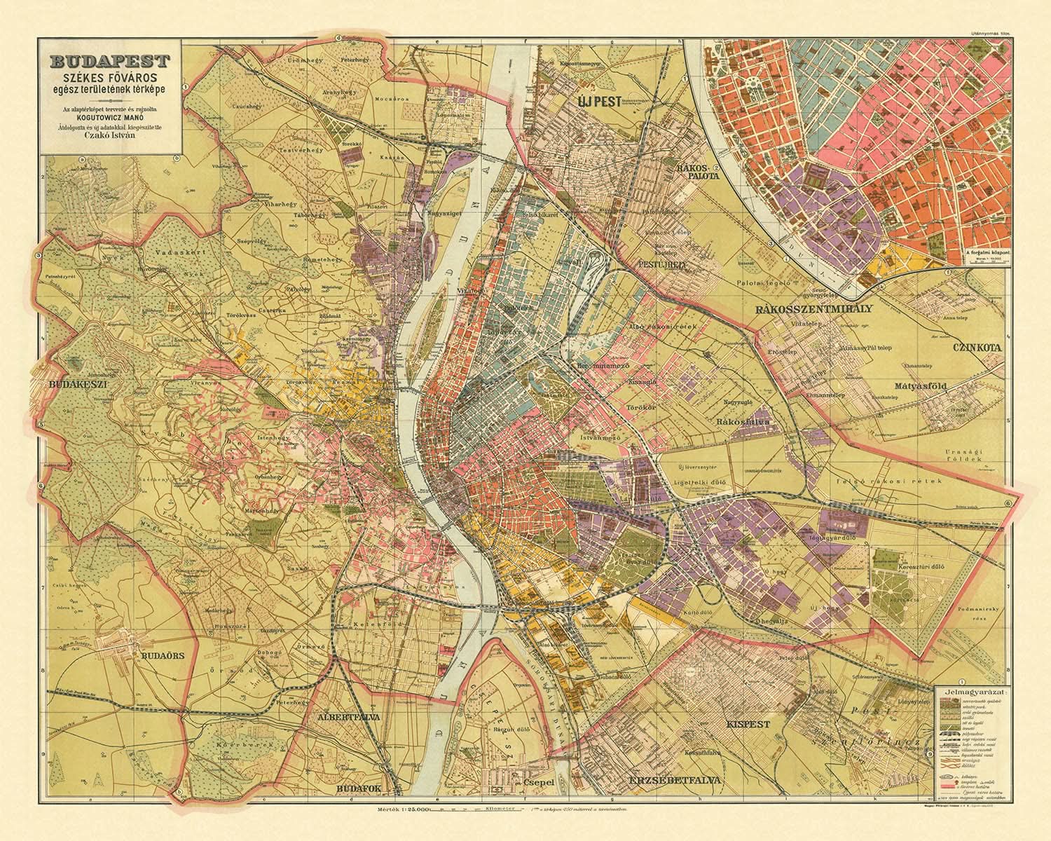 Old Map of Budapest by Kogutowicz, 1907: Andrássy út, Erzsébet körút, Danube River, Railways, Parks
