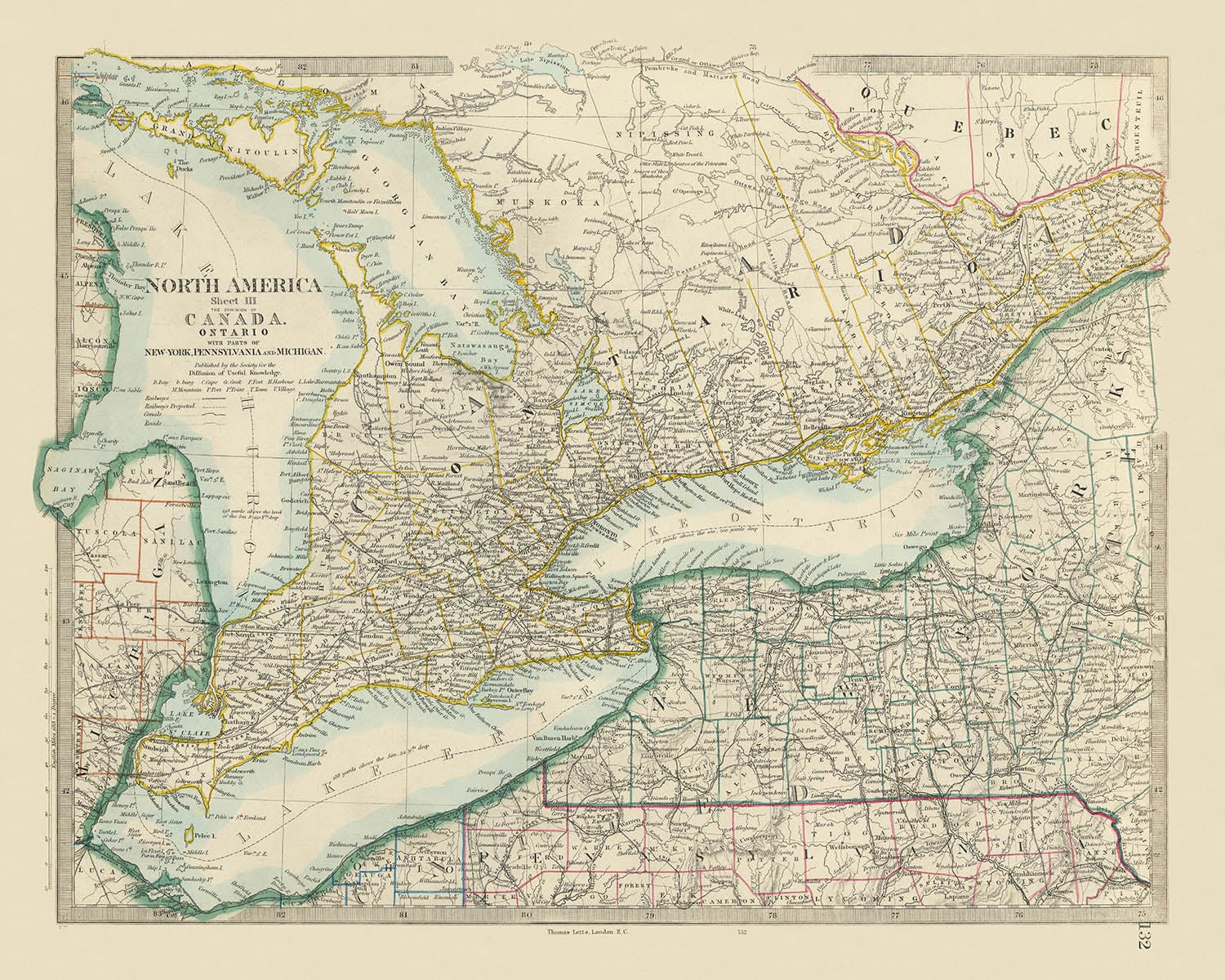 Old Map of Ontario and Part of New York, 1870: Toronto, Detroit, Lake Ontario, Railways, Niagara Falls