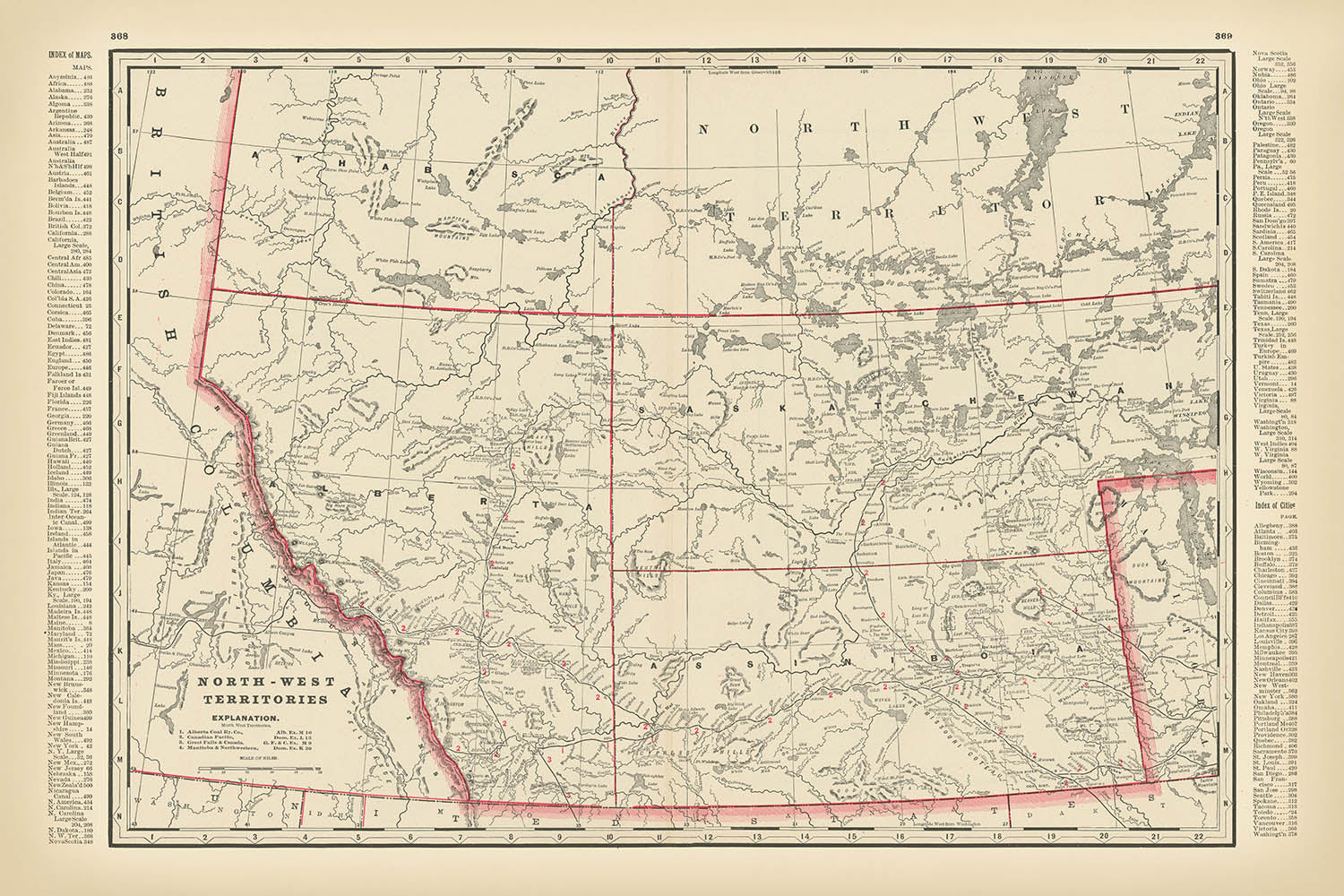 Old Map of Canada’s North-West Territory by Cram, 1891: Edmonton, Calgary, Railroads