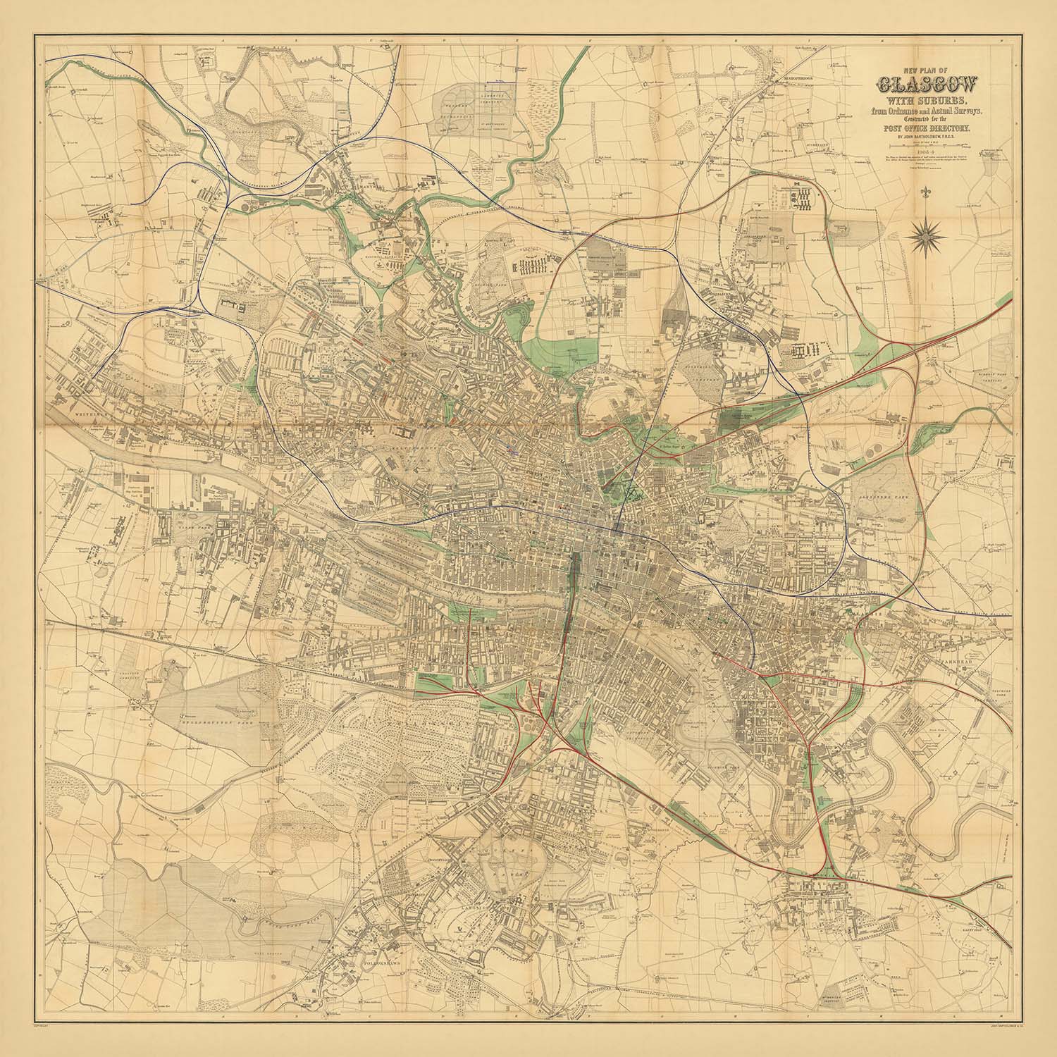Large Map of Glasgow by Bartholomew, 1903: Railroads, River Clyde, Parks