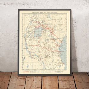 Old Railway Map of East Africa, 1956: Lake Victoria, Kilimanjaro, Kenya, Tanganyika, Uganda